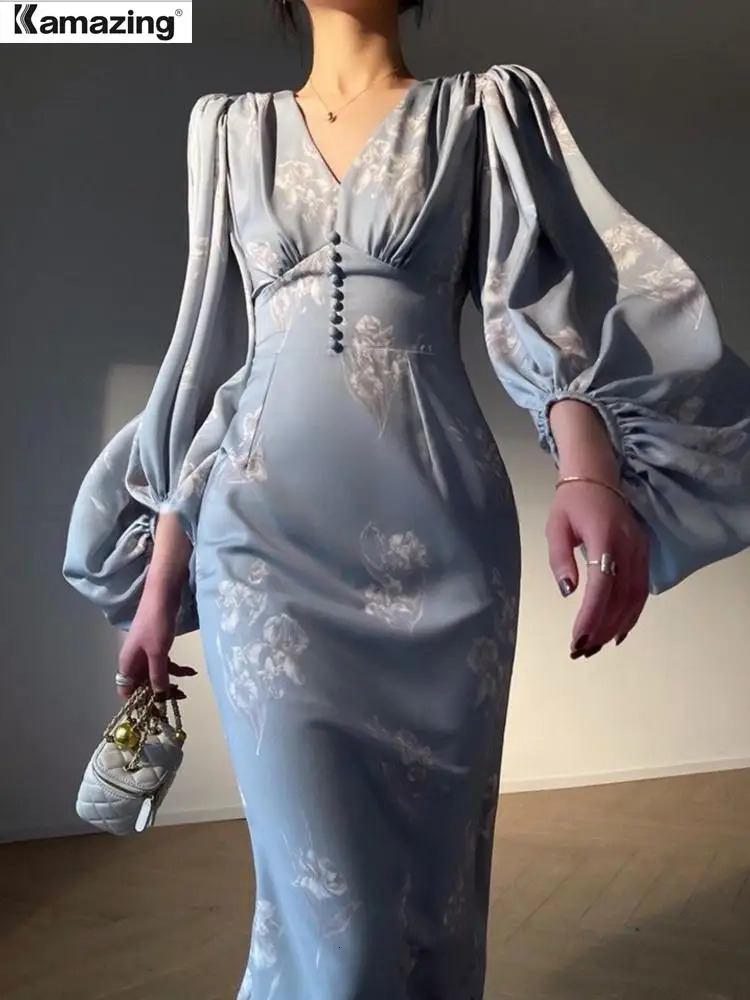 Basic Casual Dresses Women Summer Printing Elegant Mermaid Dresses Long Sleeve V-neck Slim Midi Dress Fmeale Clothing 231110