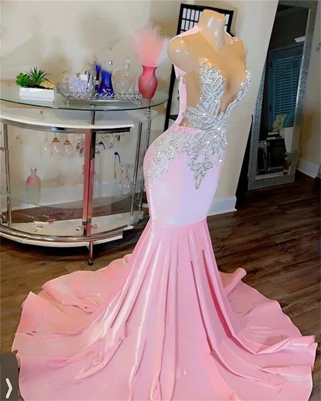 2023 Pink Veet Mermaid Prom Dresses For Black Girls Arabic Aso Ebi Stain Sheer Neck Evening Ocn Gowns Vestido Corte 0418