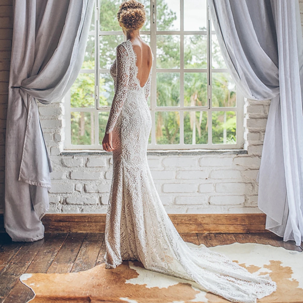 Backless Mermaid Wedding Dresses with Long Sleeve 2023 Romantic Lace Boat neck Outdoor Country Bohemain Bridal Gowns