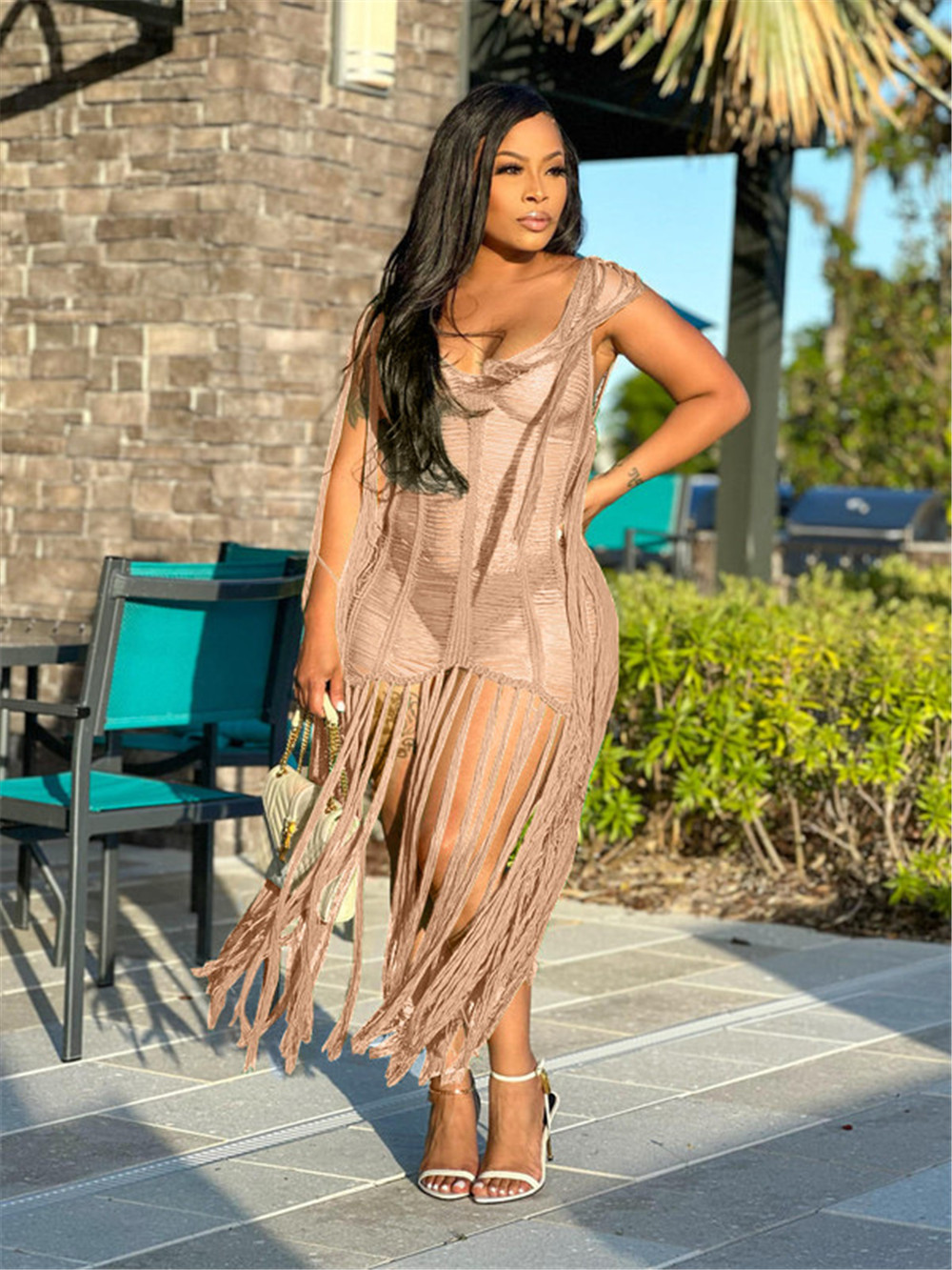 NEW Designer 2023 Beach Tassels Dress Women Sexy Cover Up Sleeveless Knitting Hollow Out Swimwear Loose Beach Wear Wholesale Items for Boutique Clothe