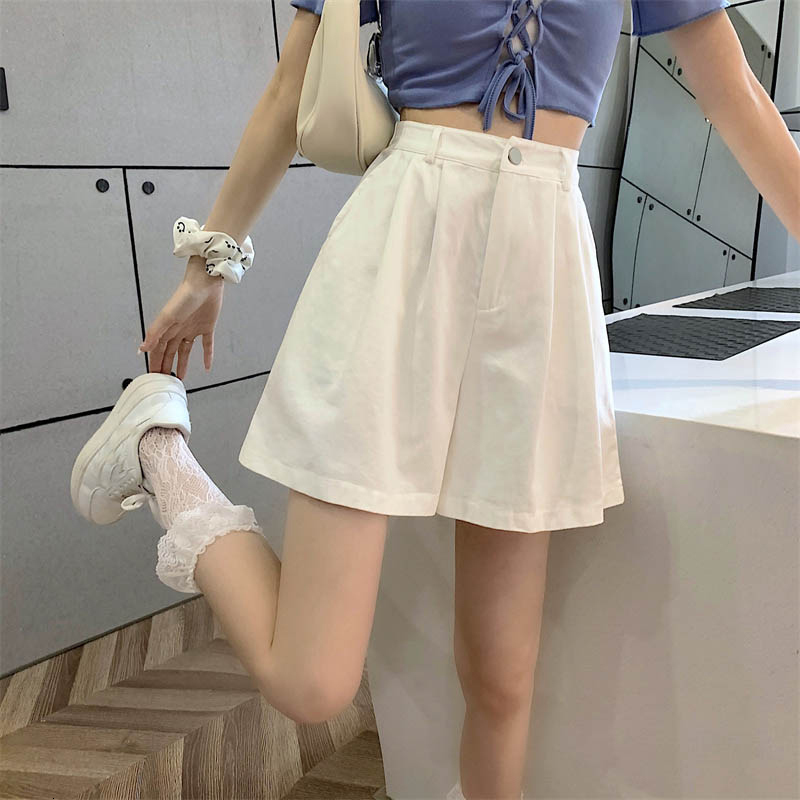 Women's Shorts Y2K Women's High Waist White Shorts Korean Fashion Pleated Wide Leg Pants Summer Casual Full Matching Women's Prep Style