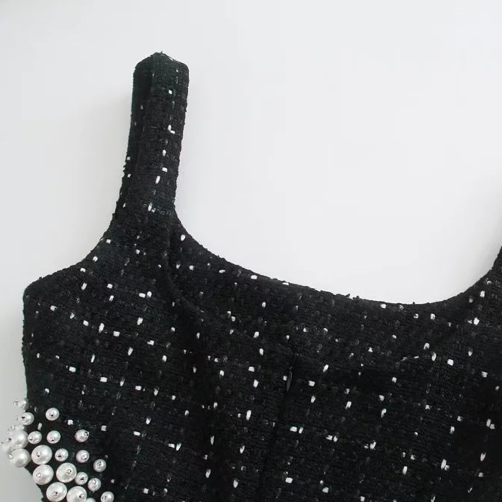 Two Piece Dress XEASY Women Vintage Tweed Black Plaid Hollow Out Female Casual Pearl Decoration Slim Square Collar Mini es 230412