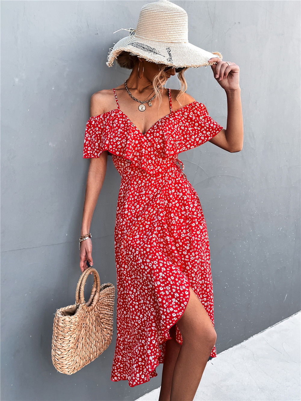 Two Piece Dress Summer Models Ladies Sexy Oneshoulder Floral Elegant Suspender High Wasit Irregular Long es For Women 230412