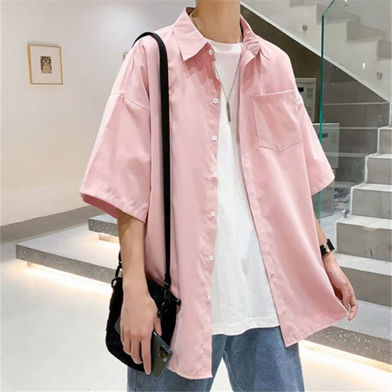 Men's Casual Shirts Solid summer short sleeved Korean version trend loose quarter sleeve Hong Kong style casual version pocket 230412