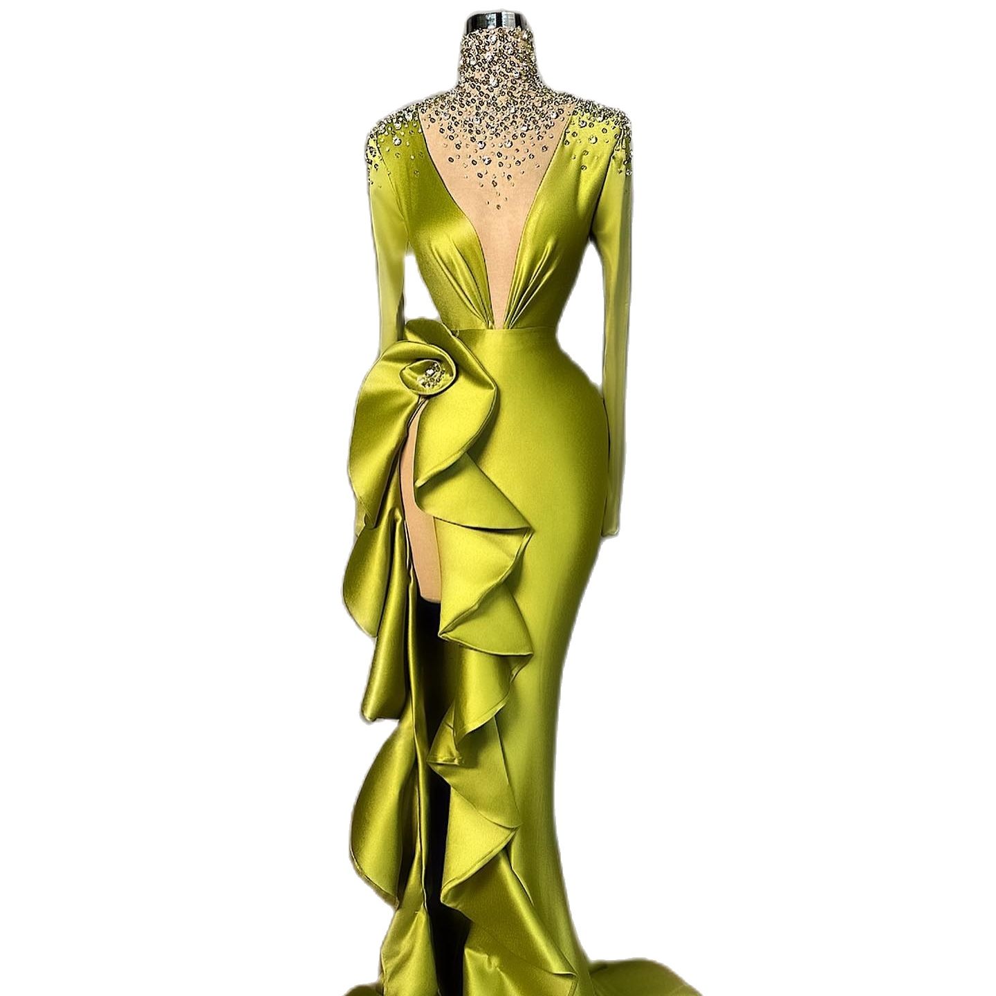 Glamorous Mermaid Prom Dresses High Neck Long Sleeves Beads Shining Applicants Side Split Ruffle Zipper Or Length Custom Made Party Dress Vestido De N