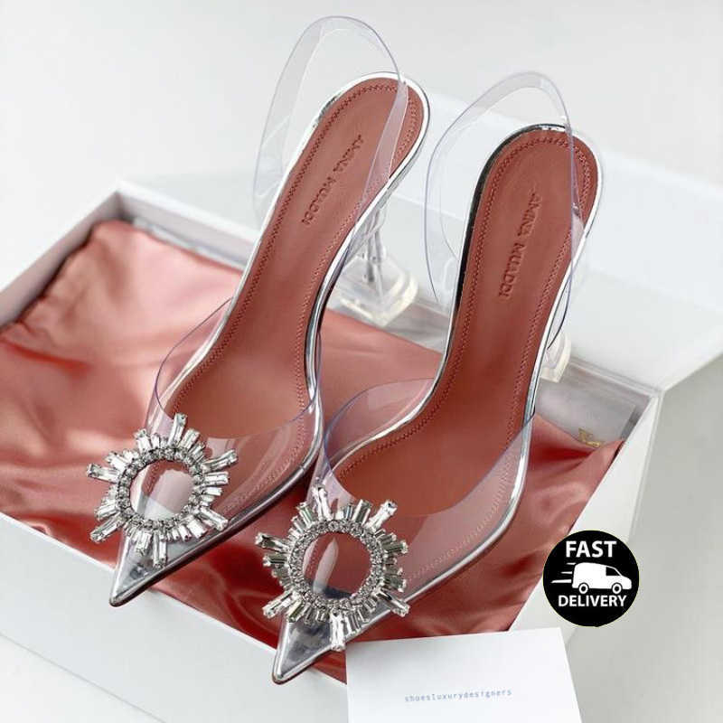 

Amina muaddi Begum Crystal-Embellished PVC Pumps shoes spool stiletto Heels sandals women's Luxury Designers Dress shoe Evening Slingback strap factory footwear, Fuchsia ***