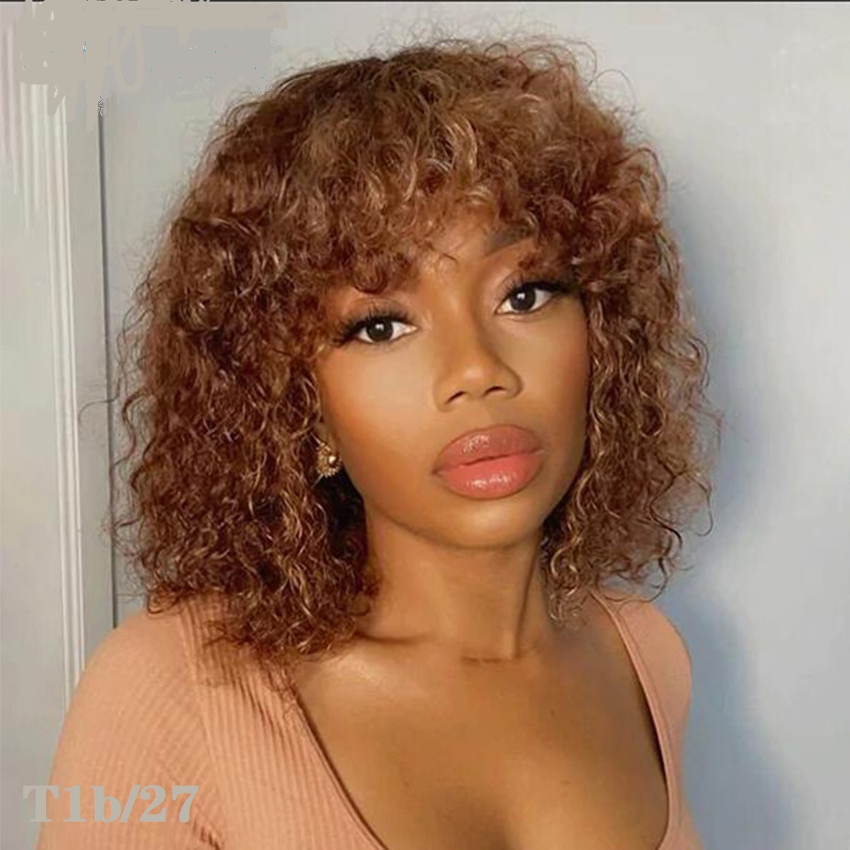 250 Density Remy Brazilian Short Curly Wig With Bangs Human Hair Afro Kinky Curly Wig Highlight Glueless Full Synthetic None Lace Front Wig