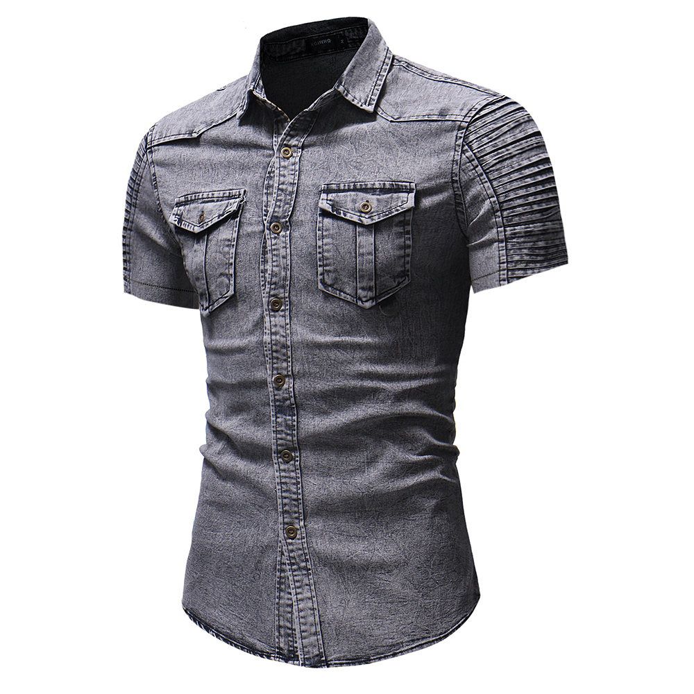 Men's Casual Shirts Summer Men's Slim Fit Short Sleeve Denim Shirt Men's Casual Button Hip Hop Extreme Jeans Men's Blue Shirt 2304
