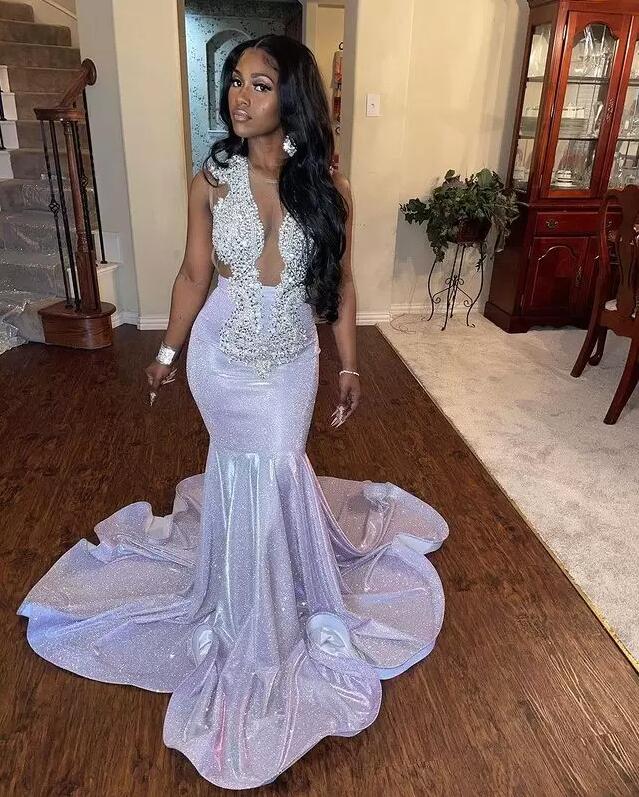 Lavender Beaded Crystals Prom Dresses 2023 Arabic Aso Ebi Sheer Neck Mermaid Sequined evening occasion reception gown