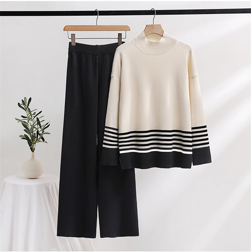 Women's Two Piece Pants New Autumn Winter Knitted Wide Leg Sweater Pants Set Casual Stand Collar Contrast Color Striped Thick Loose Two Piece Set