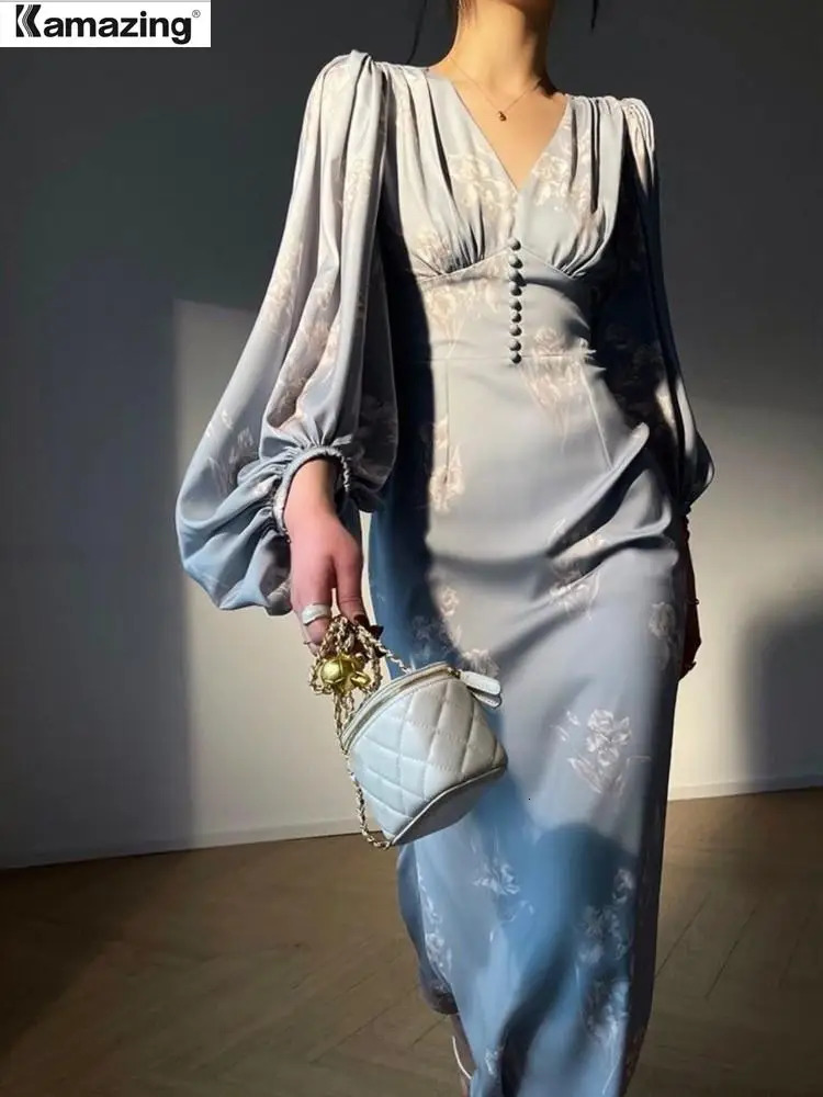 Basic Casual Dresses Women Summer Printing Elegant Mermaid Dresses Long Sleeve V-neck Slim Midi Dress Fmeale Clothing 231110