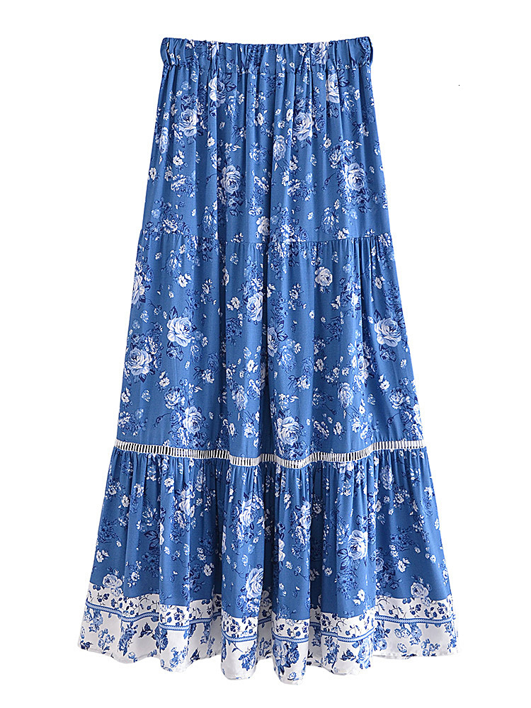 Skirts Vintage chic women's floral print summer elastic waist pleats Bohemian leather artificial silk cotton Bohemian beach A-line Maxi leather 2