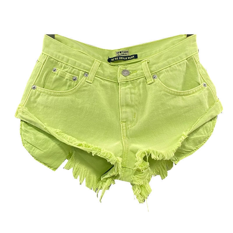 Women's Shorts Summer Women's Fruit Green denim Shorts Sexy Low A-line Fringe Shorts Pants Women's Fashion Personalized Pockets Pink 23