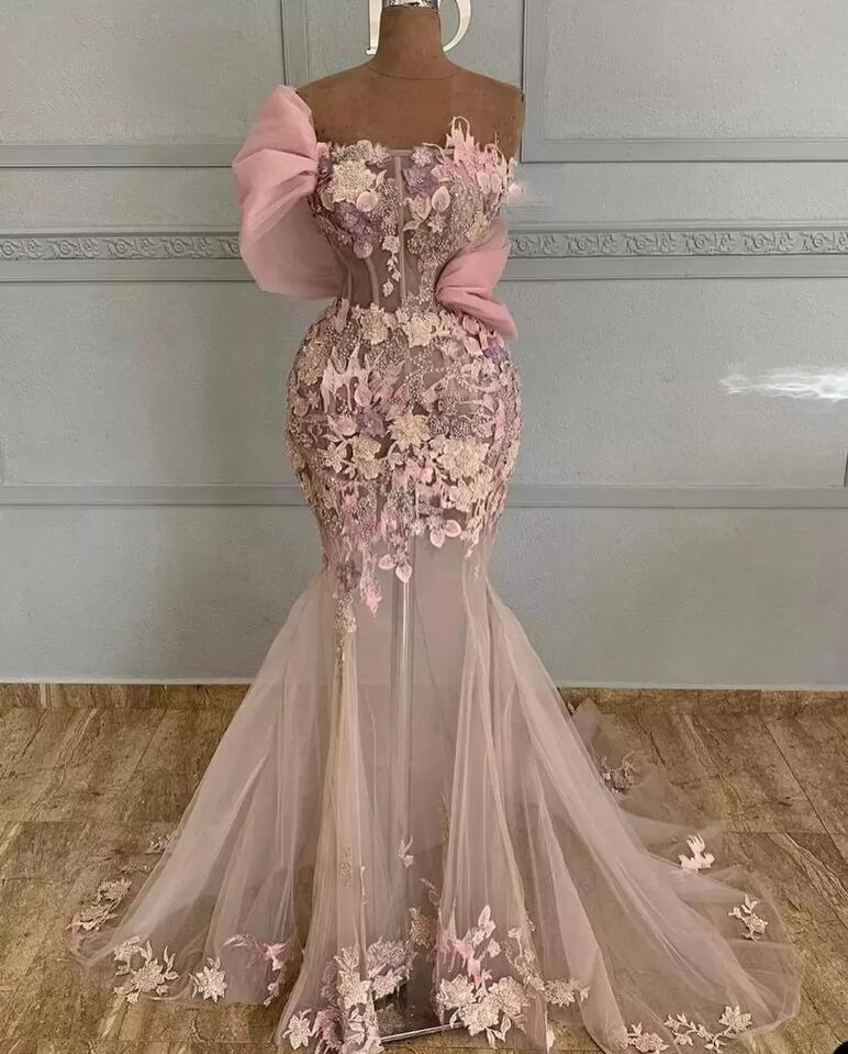 Pale Pink Prom Dresses Mermaid 3D Floral Applique Tulle One Shoulder Strap Sexy Illusion Beaded Crystals Evening Gowns