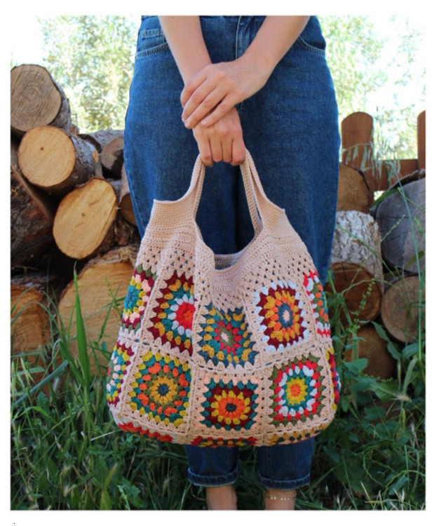 Evening Bags Colorful crochet boho chic granny square Gran Tote handbag Beige blue market Vintage Style Hippie summer beach 230412