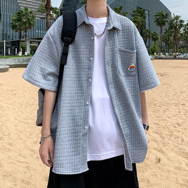 Men's Casual Shirts Summer Short Sleeve Men's Korean Fashion Top Casual Retro Open Front Men's Clothing Large Pocket Embroidered White 