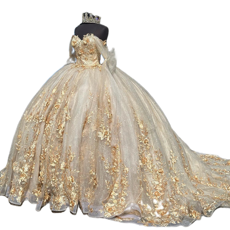 Luxury Champagne Quinceanera Dresses With Gold 3D Floral Flowers Appliques Lace Princess Ball Gown Sweet 16 Dress Off The Shoulder Back Lace-Up Prom B