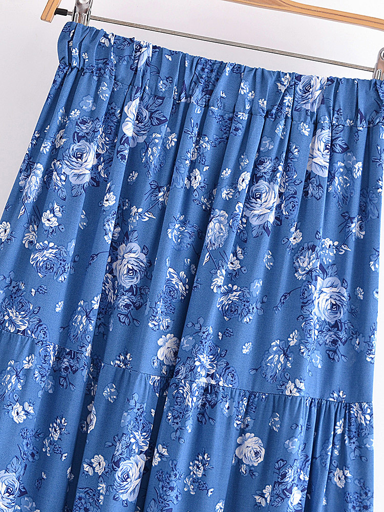 Skirts Vintage chic women's floral print summer elastic waist pleats Bohemian leather artificial silk cotton Bohemian beach A-line Maxi leather 2