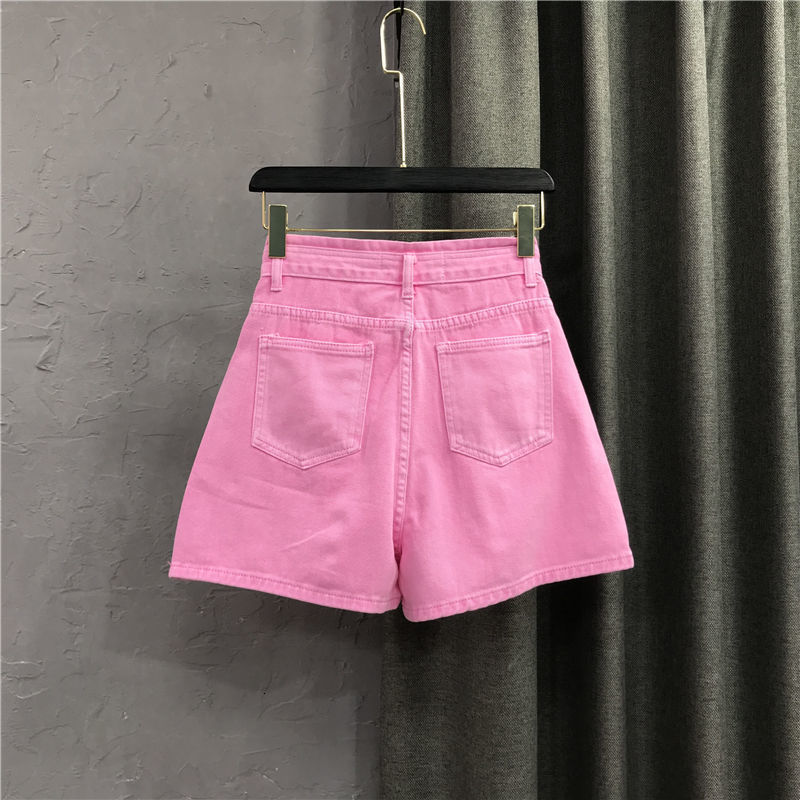 Women's Shorts Summer Women's Pink denim Shorts Fashion Women's Button High Waist Full Match A-line Shorts Casual Pocket Bottom 230412