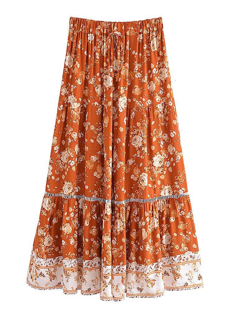 Skirts Vintage chic women's floral print summer elastic waist pleats Bohemian leather artificial silk cotton Bohemian beach A-line Maxi leather 2