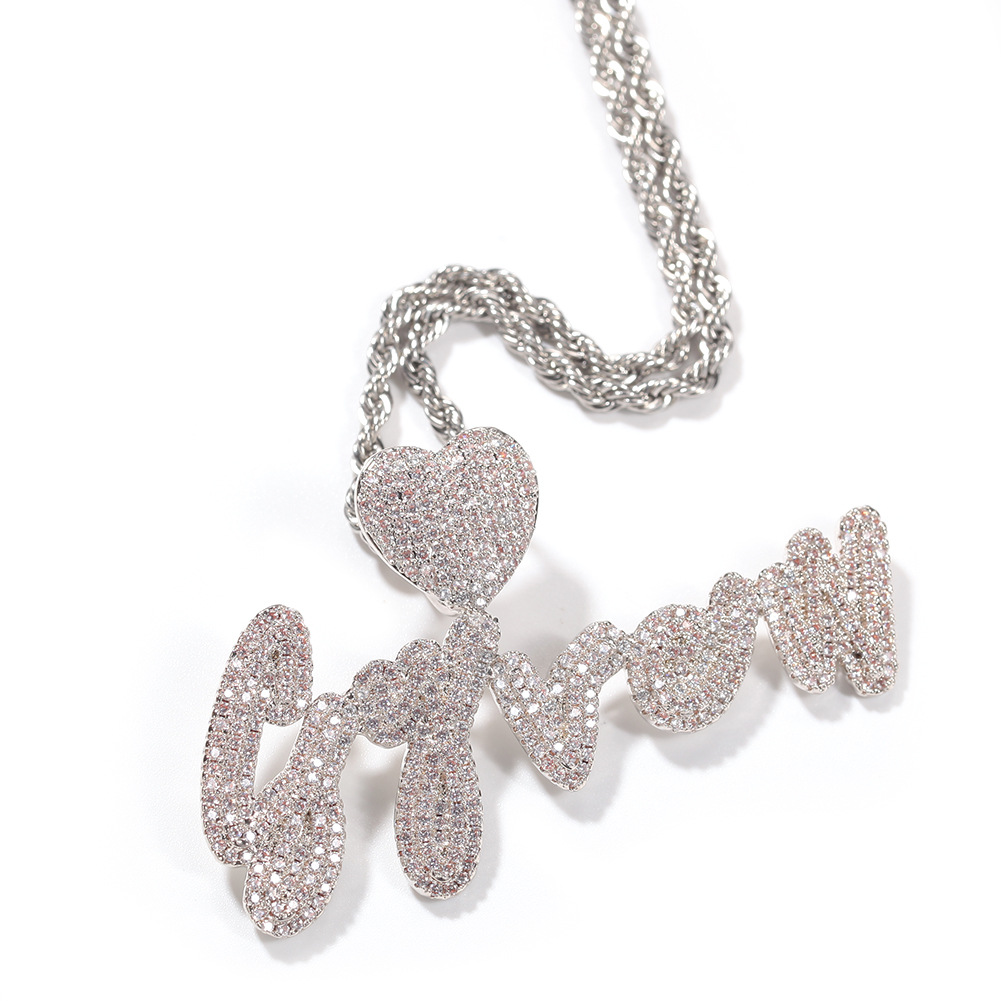 New Heart Cursive Initial Letter Custom Name Pendant Necklace ins Personalized Iced Out Cubic Zirconia CZ 18K Real Gold Hip Hop DIY Anniversary Jewelr
