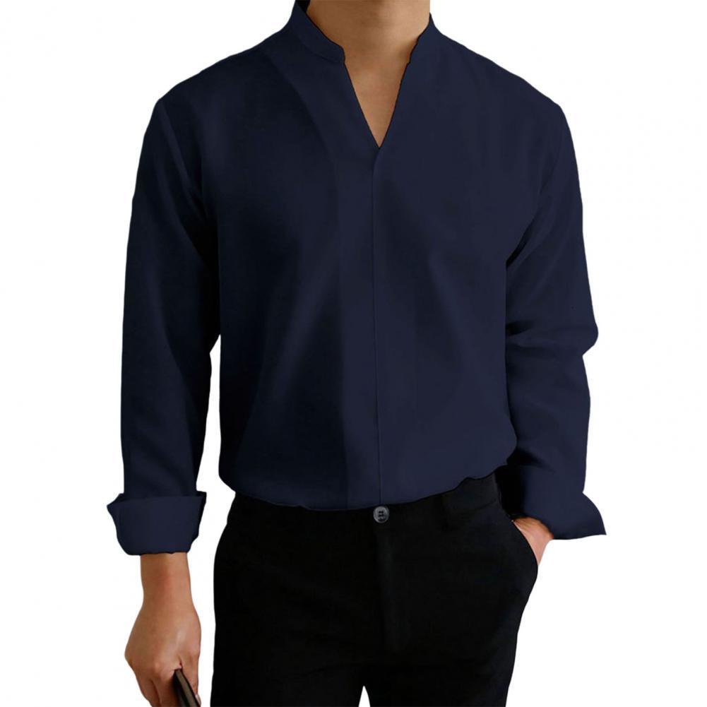 Men's Casual Shirts Men's solid color thin all matching long sleeved V-neck summer top daily clothing 230412