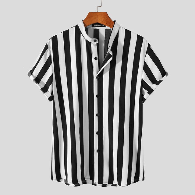Men's Casual Shirts INCERUN Men's Fashion Button Shirt Summer Casual Top Masculina Fashion Stripe Men's Shirt Short Sleeve Standing Nec