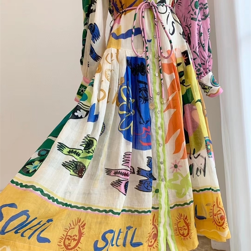 Casual Dresses 2023 Spring Holiday Style Multicolor Print Lace Up Waist Women Ramie Midi Long Shirt Dress 230411