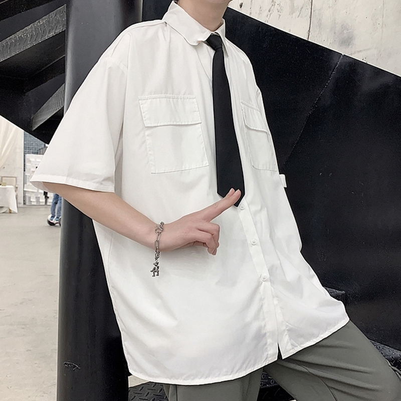Men's Casual Shirts EBAIHUI men's white shirt tie set pre made uniform DK loose long sleeves couple loose basic shorts Asian size 230412