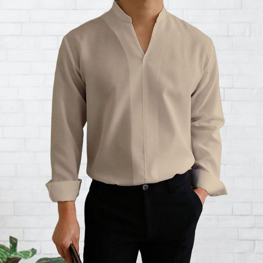 Men's Casual Shirts Men's solid color thin all matching long sleeved V-neck summer top daily clothing 230412