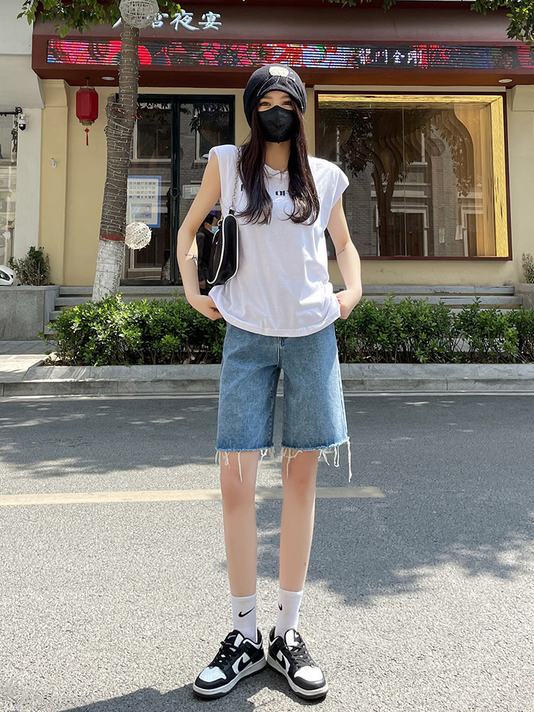 Women's Shorts DFRCAEG Summer Jeans Shorts Women's Street Clothing High Waist Burr Wide Leg Half Length Bermuda Denim Shorts Women's Se