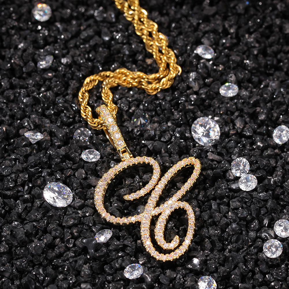 New Initial Letter Custom Name Pendant Necklace Cool Flowery Cursive Personalized Bling Cubic Zirconia CZ 18K Real Gold Hip Hop DIY Anniversary Jewelr