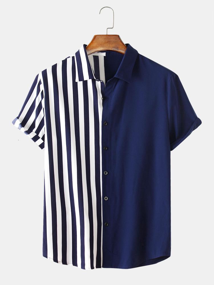 Men's Casual Shirts Charmkpr handsome men's patch work stripe top fashionable casual fit comfortable contrast color Laepl button shirt S-2XL