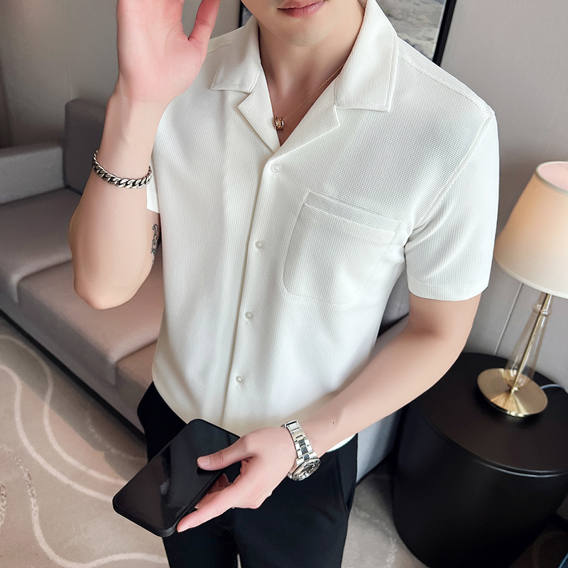 Men's Casual Shirts Summer British Style Men's Casual Short Sleeve/Men's Slim Fit V-Neck Lce Silk Casual Shirt Top Plus Size S-3XL 2304