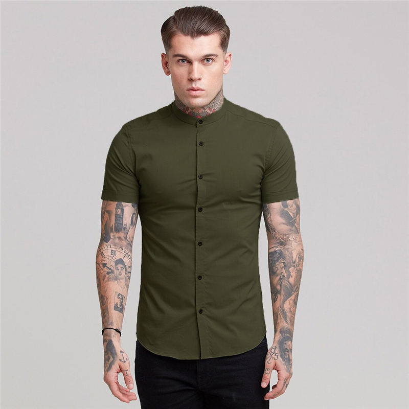 Men's Casual Shirts Summer Men's Short Sleeve Solid Fitness Men's Standing Collar Ultra Thin Fitness Business Dress Button Gym Top 2304