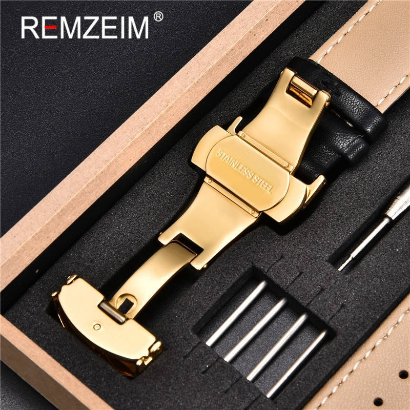 Watch Bands REMZEIM Soft Calfskin Leather Watchbands 18mm 20mm 22mm 24mm Straps Automatic Butterfly Clasp Watch Accessories With Box 230411