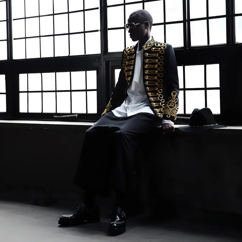 Men's Suits Blazers Men Stylish Blazer Black Gold Embroidery Jacket Coat Nightclub Male Singer Host Costume European Style C Studio Stage Wears 2