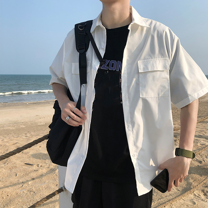 Men's Casual Shirts EBAIHUI men's white shirt tie set pre made uniform DK loose long sleeves couple loose basic shorts Asian size 230412