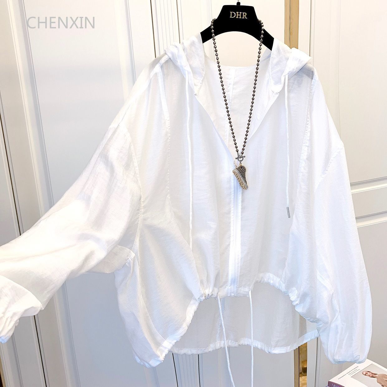 Women's Jackets Women's Hoodie Summer Sunscreen Zipper Coat Thin Loose Transparent Coat Breathable Lightweight Coat White 230412