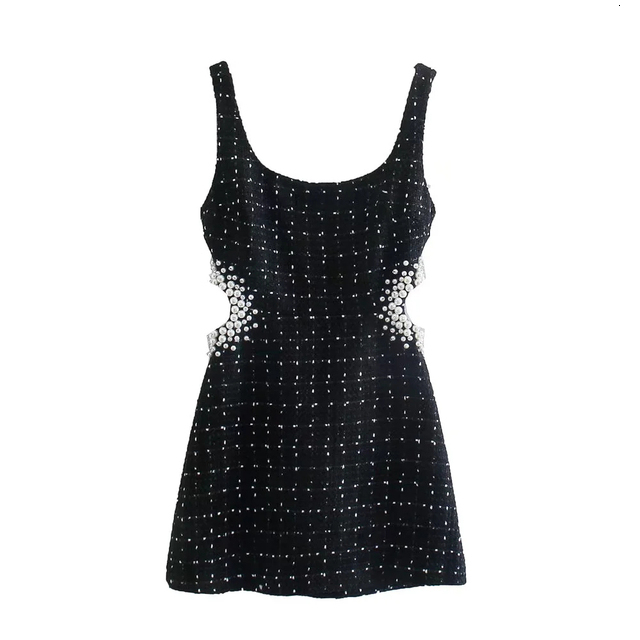 Two Piece Dress XEASY Women Vintage Tweed Black Plaid Hollow Out Female Casual Pearl Decoration Slim Square Collar Mini es 230412