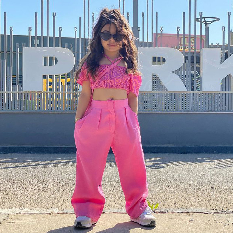 Clothing Sets Summer Girls 2 Pcs Set Toddler Halter Blouse Pants Kids Suit Baby Outfit Children Ootd Clothes Shoulderless Pink Wide Leg 2 7Y 230412