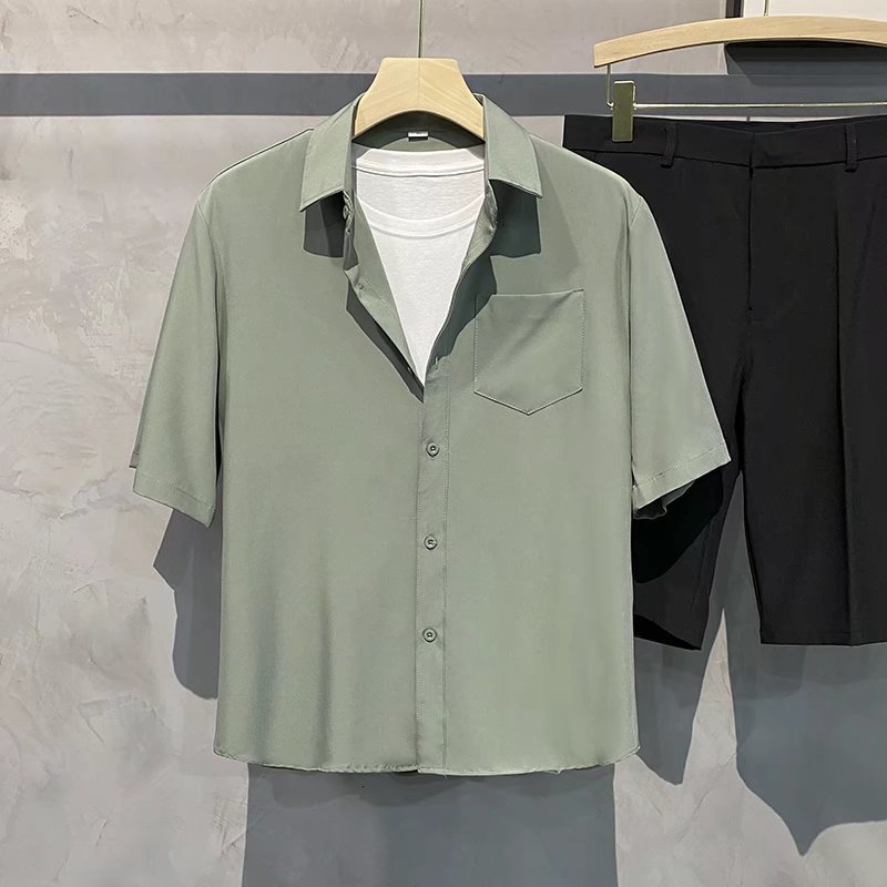 Men's Casual Shirts Summer Cool Men's Short Sleeve Shirt Wrinkle Resistant Solid Color Fashion Office Casual Loose Button Pocket Shirt Men&#