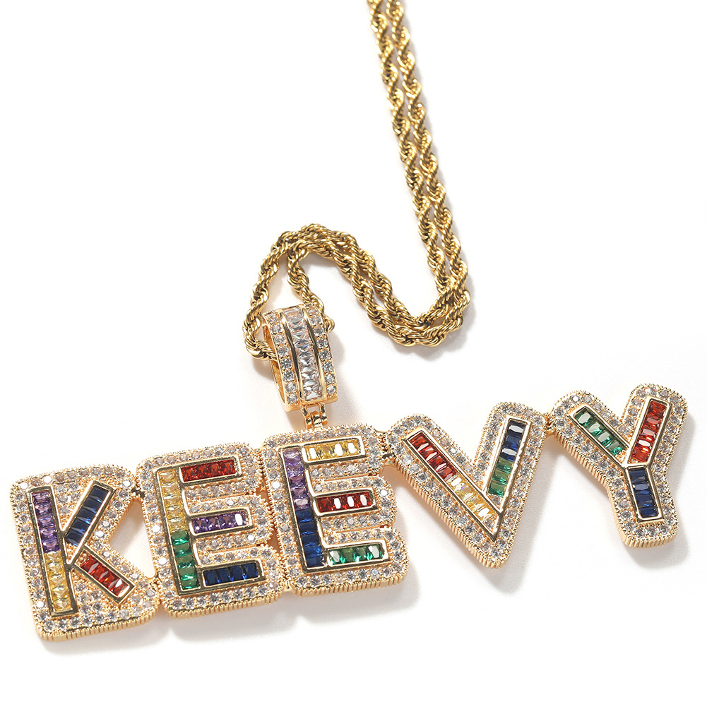 Colorful Initial Letter Custom Name Pendant Necklace Personalized Bling Prong Baguette Cubic Zirconia CZ 18K Real Gold Hip Hop DIY Anniversary Jewelry