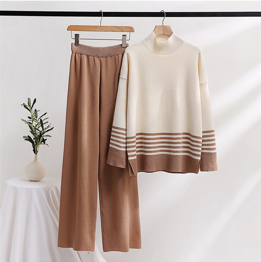 Women's Two Piece Pants New Autumn Winter Knitted Wide Leg Sweater Pants Set Casual Stand Collar Contrast Color Striped Thick Loose Two Piece Set