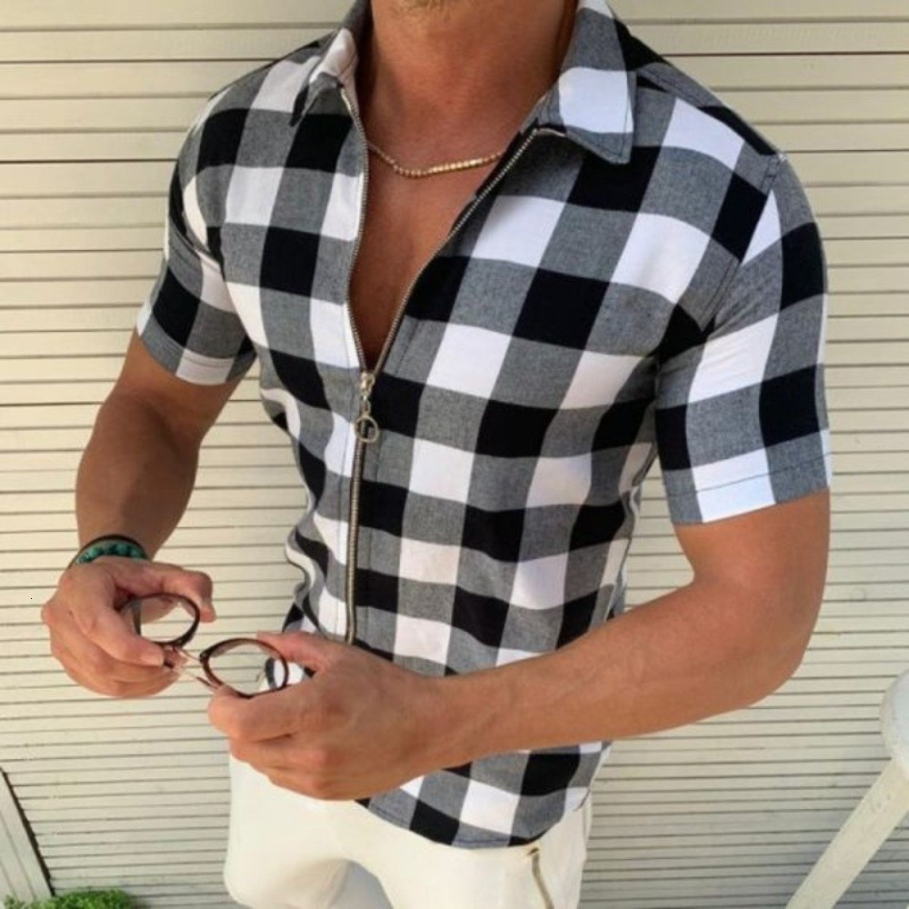 Men's Casual Shirts Men's short sleeved lapel plain zipper top with slim fitting and fashionable zipper cardigan 230412