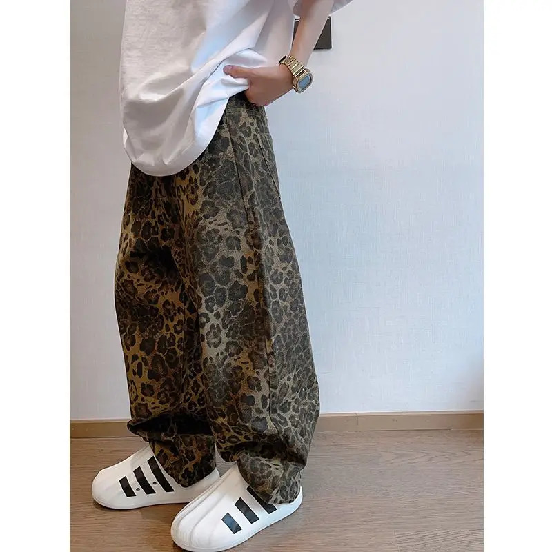 Mens Jeans American Baggy Pants Men Y2k Clothes Retro High Street Sports Leopard Print Casual Plus Size Autumn Style 231110