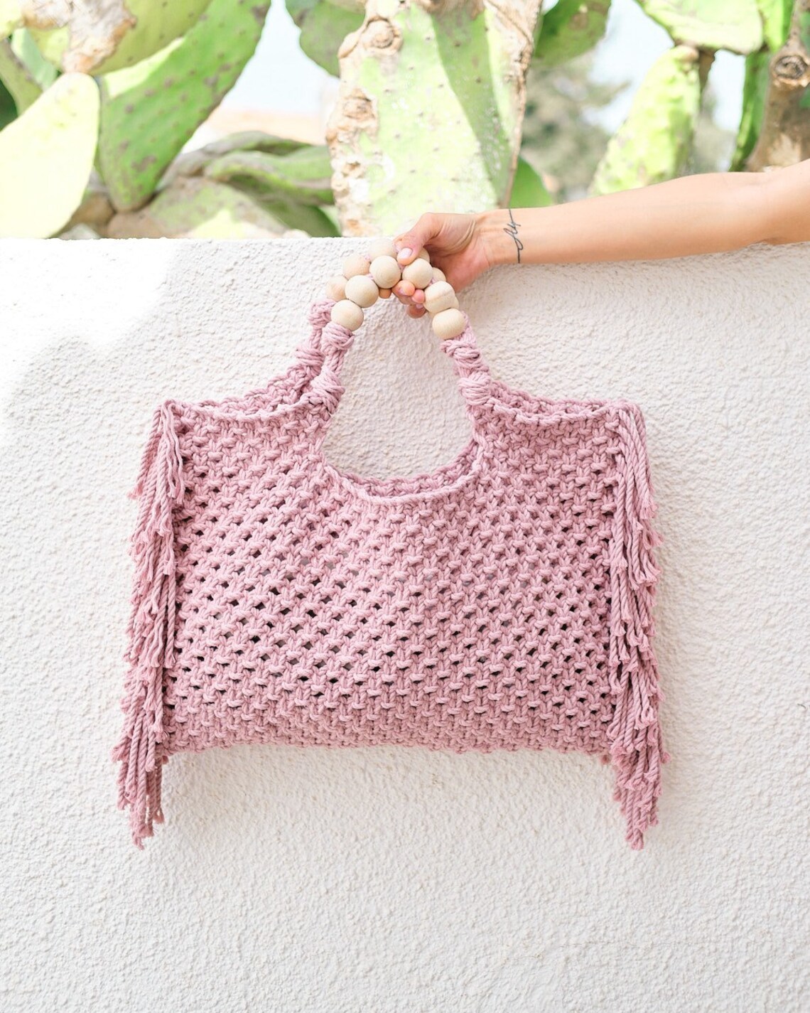 Evening Bags Crochet boho chic Summer fringe beach bag Macrame Tote hand Beige blue market Vintage Style 230412