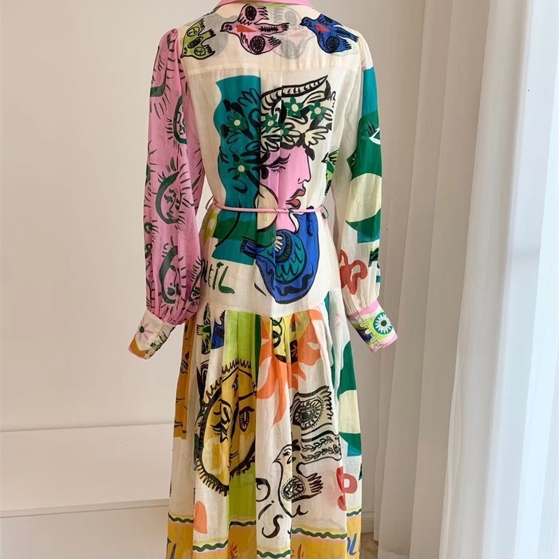 Casual Dresses 2023 Spring Holiday Style Multicolor Print Lace Up Waist Women Ramie Midi Long Shirt Dress 230411