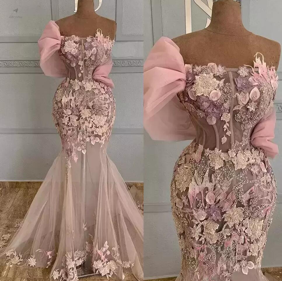 Pale Pink Prom Dresses Mermaid 3D Floral Applique Tulle One Shoulder Strap Sexy Illusion Beaded Crystals Evening Gowns
