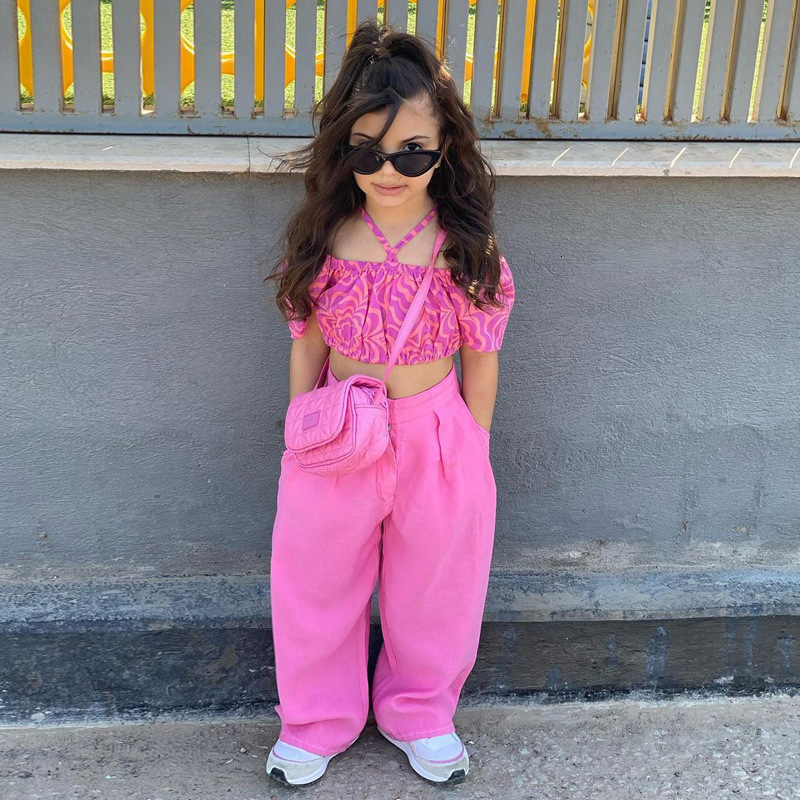 Clothing Sets Summer Girls 2 Pcs Set Toddler Halter Blouse Pants Kids Suit Baby Outfit Children Ootd Clothes Shoulderless Pink Wide Leg 2 7Y 230412